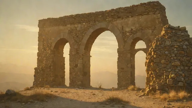 Arco de piedra en valle neblinoso al amanecer