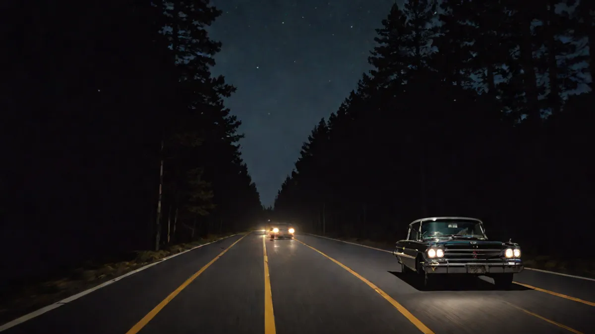 Coche clásico de los años 60 circulando de noche por una carretera de montaña entre pinos.