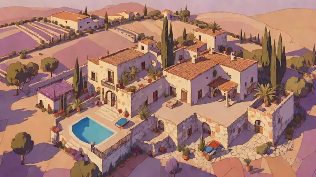 Vista aérea abstracta de una casa rural española al atardecer