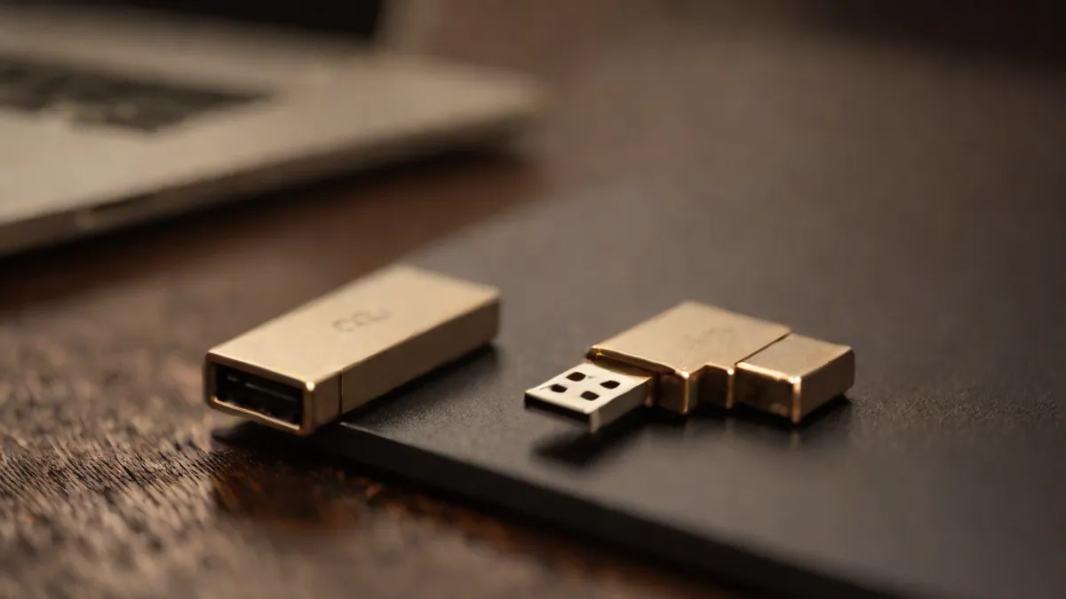 Pendrive de metal conectado al puerto lateral de un ordenador portátil sobre una mesa.