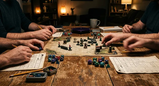 Grupo de personas reunidas alrededor de una mesa de juego de rol con dados poliédricos y fichas de personaje.