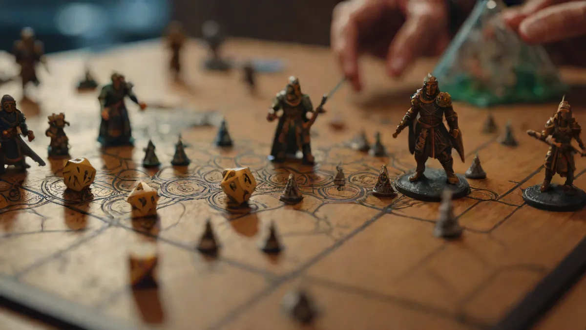 Miniaturas y dados sobre un mapa de combate en una mesa de juego de rol.