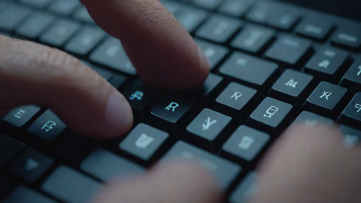 Manos escribiendo en un teclado retroiluminado frente al brillo de una pantalla.