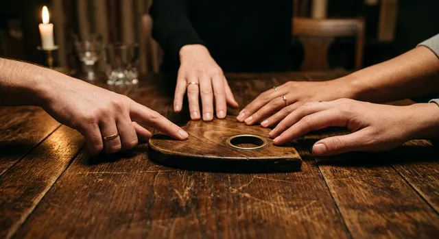 Varias manos apoyadas sobre un puntero de madera en una mesa durante una sesión de Ouija.