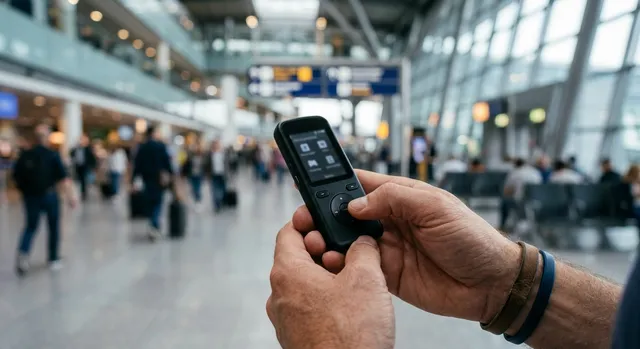 Persona utilizando un dispositivo portátil de traducción automática en una terminal de aeropuerto.