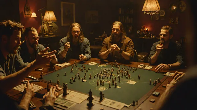 Director de juego narrando una escena a sus jugadores en una mesa con dados y fichas de rol.