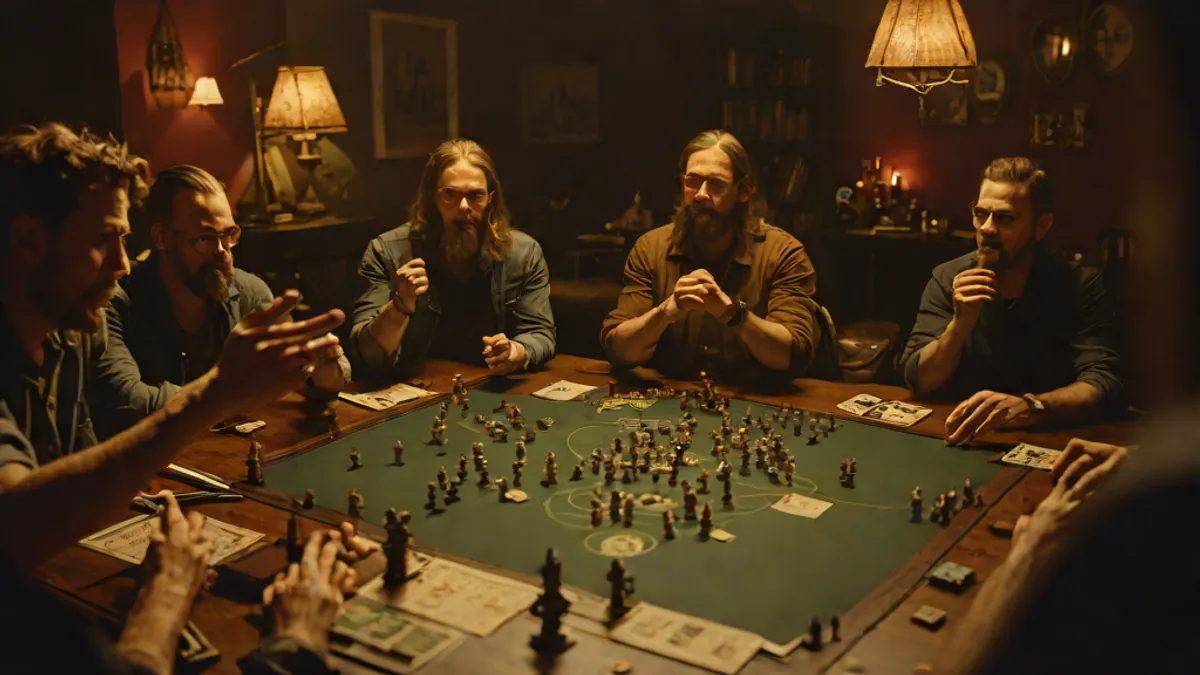 Director de juego narrando una escena a sus jugadores en una mesa con dados y fichas de rol.