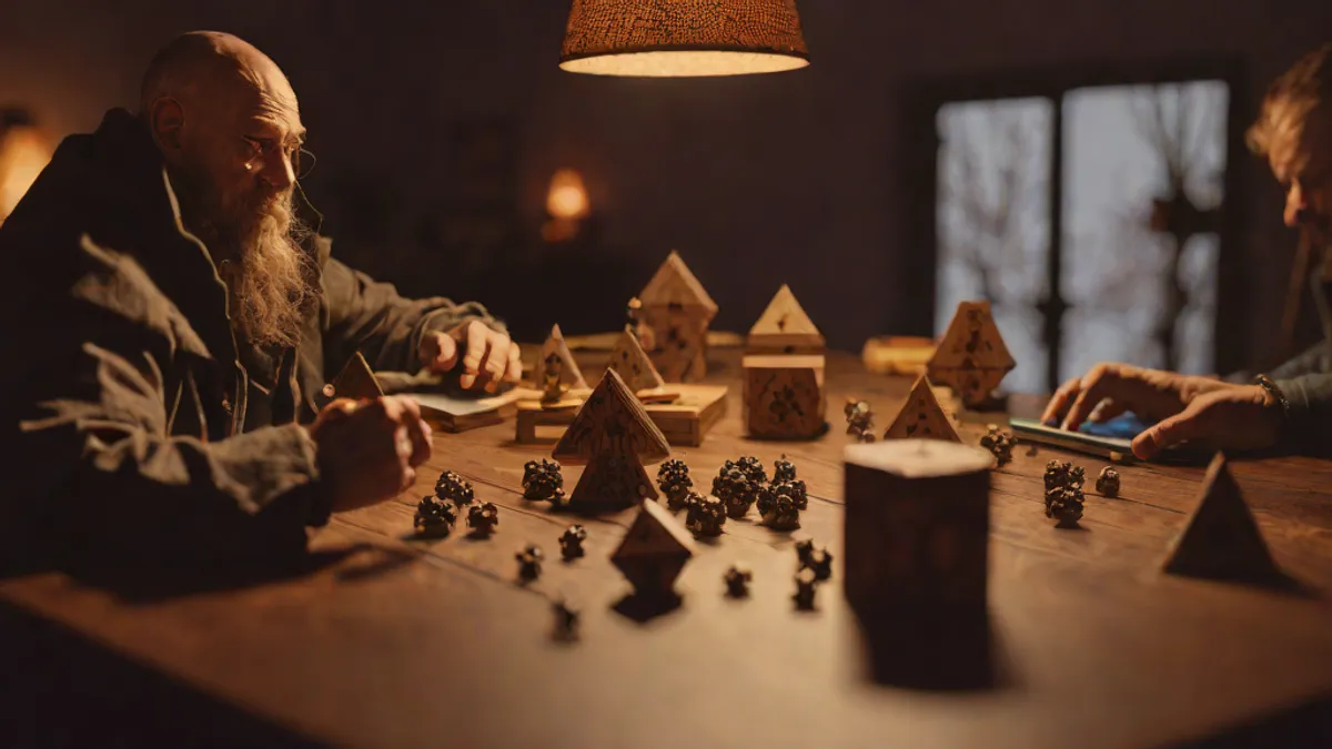 Director de juego preparando una sesión de rol en una mesa con dados poliédricos y miniaturas.