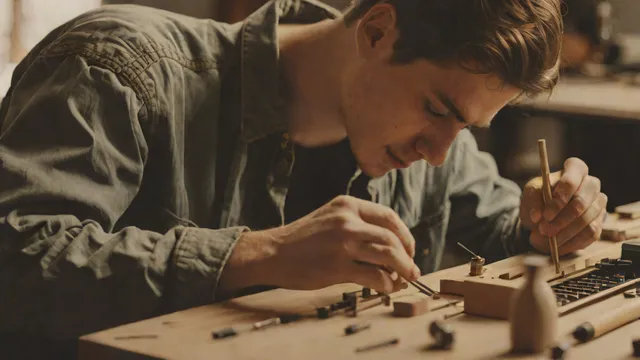 Aprendiz practicando el ajuste de un instrumento de madera en un banco de trabajo.