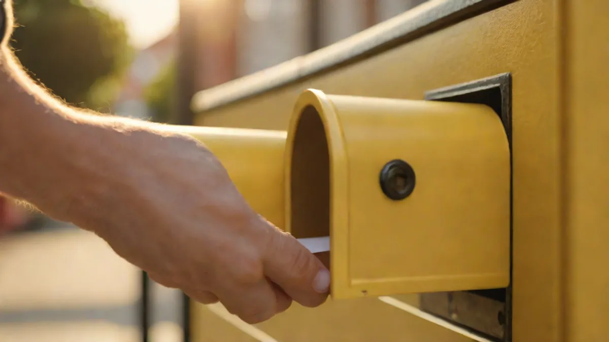 Mano introduciendo un sobre de papel cerrado en la ranura de un buzón postal amarillo en la calle.