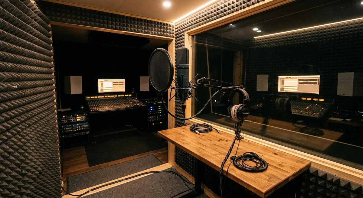 Estudio de grabación insonorizado con micrófono profesional para el doblaje y localización de audio de videojuegos.