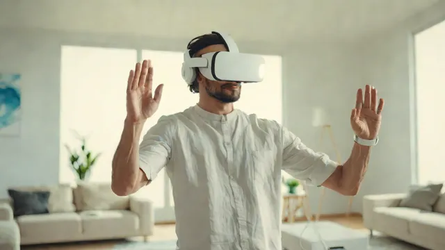 Persona de espaldas utilizando un visor de realidad virtual y mandos en un entorno moderno.