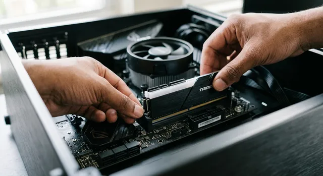Mano instalando un módulo de memoria RAM en la ranura de una placa base de ordenador.