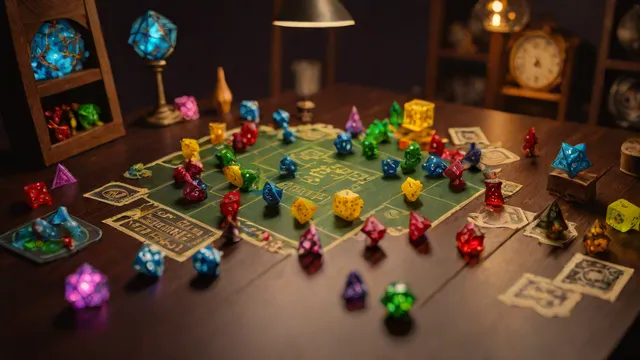 Mesa de juego de rol con pantalla de director, dados poliédricos y figuras sobre un tablero.