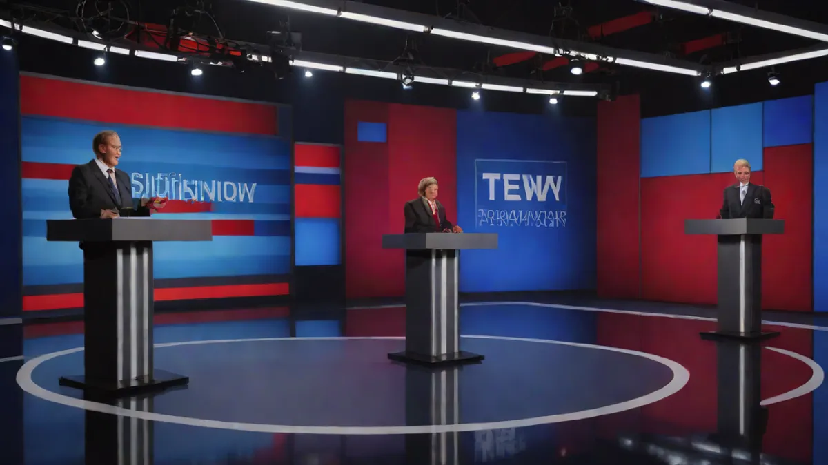 Set de estudio de televisión para debates políticos con iluminación azul y roja y cámaras de transmisión.