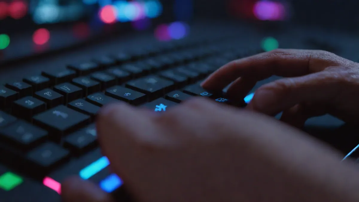 Mano sosteniendo una tarjeta de pago frente a un teclado de ordenador de videojuegos iluminado.