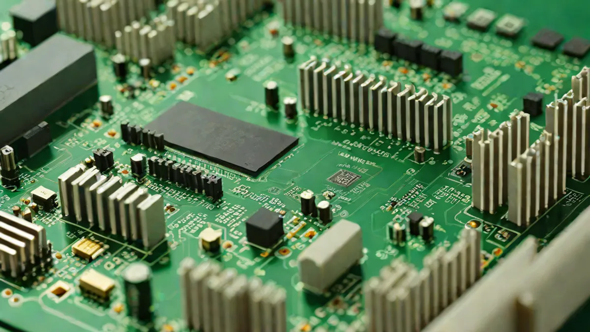 Computer motherboard with RAM modules installed in slots