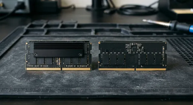 Módulos de memoria RAM DDR4 y DDR5 colocados uno junto al otro sobre una superficie de trabajo.