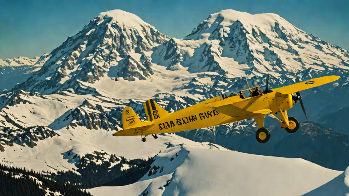 Avioneta monomotor CallAir A-2 volando junto a los picos nevados del monte Rainier.