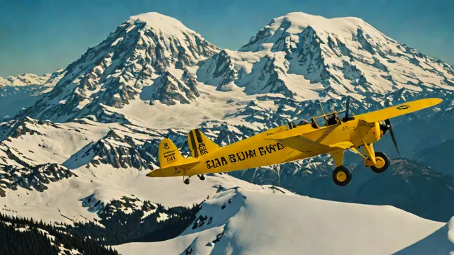Avioneta monomotor CallAir A-2 volando junto a los picos nevados del monte Rainier.