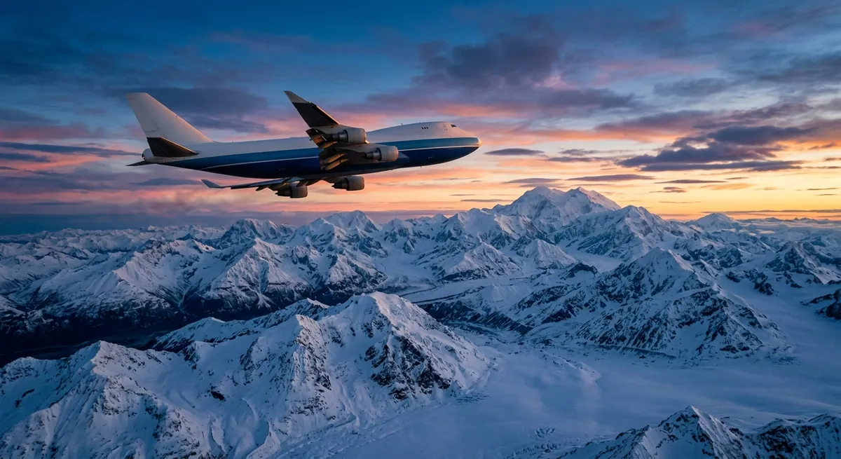 Avion de carga Boeing 747 volando sobre las montañas nevadas de Alaska durante el atardecer.