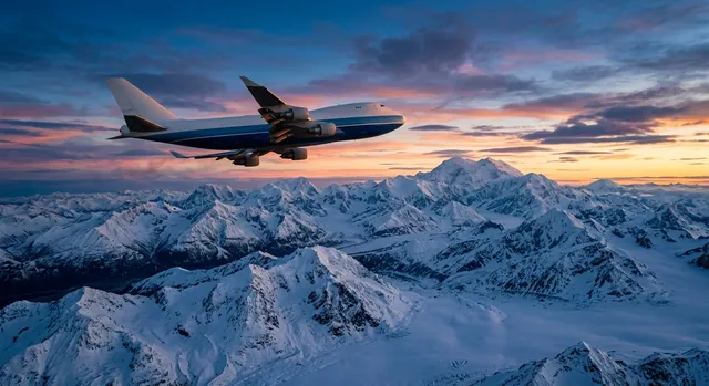 Avion de carga Boeing 747 volando sobre las montañas nevadas de Alaska durante el atardecer.