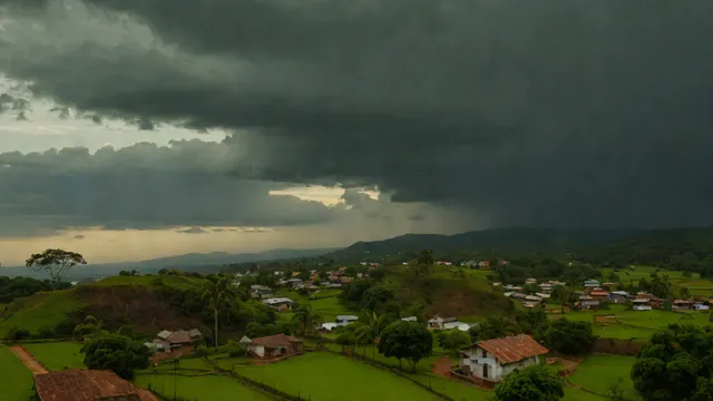 Vista de las afueras residenciales de Varginha bajo un cielo de tormenta al atardecer.