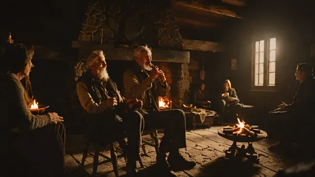 Narrador sentado junto a la chimenea encendida en una cabaña rústica rodeado por las sombras de los oyentes.