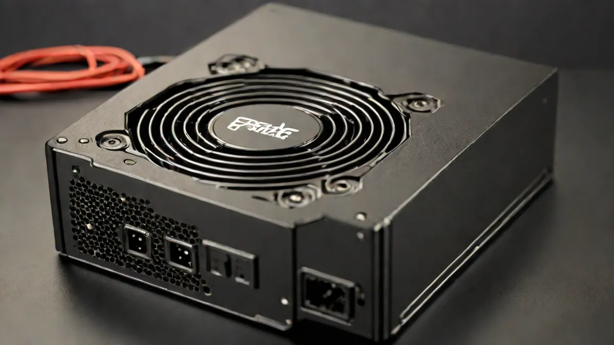 Fuente de alimentación para PC sobre una mesa de trabajo de ensamblaje informático.