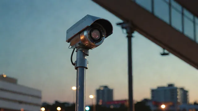 Cámara de videovigilancia instalada en una calle urbana al atardecer para análisis de tráfico.