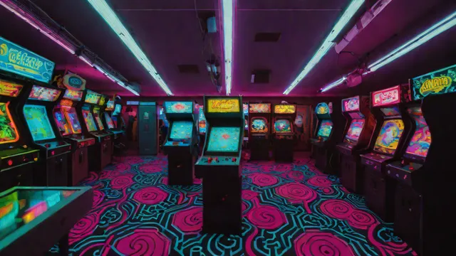 Salón recreativo de los años 80 con filas de máquinas arcade iluminadas y jugadores de espaldas.