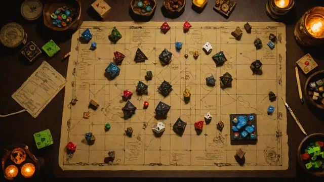 Mesa de juego de rol con dados poliédricos, figuras en miniatura sobre mapa de cuadrícula y fichas de personaje.