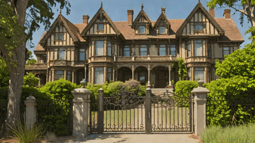 Fachada y jardín de la casa de Winchester en su estado actual