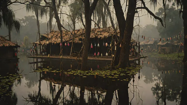Muñecas deslucidas y colgadas de troncos rodeando una cabaña en la Isla de las Muñecas de Xochimilco.