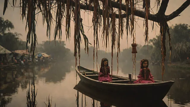 Muñecas antiguas colgando de ramas sobre un canal cubierto de niebla en la Isla de las Muñecas, Xochimilco.