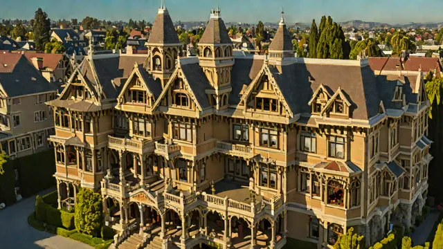 Vista exterior completa de la arquitectura victoriana de la casa misteriosa Winchester en San José, California.