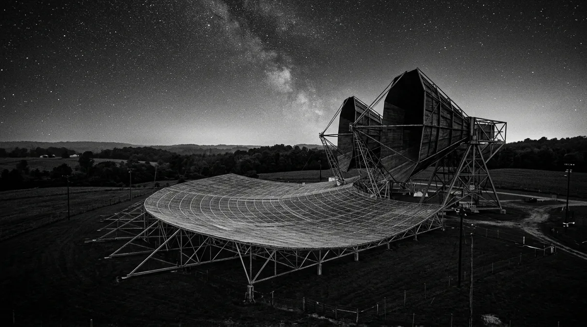 El radiotelescopio Big Ear en Ohio bajo un cielo nocturno estrellado en 1977.