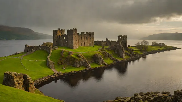Vista panorámica del castillo de Urquhart y las aguas brumosas del Lago Ness al amanecer en Escocia.