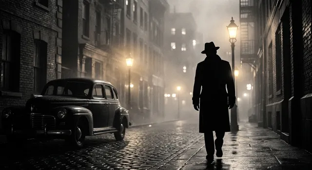 Figura masculina con traje y sombrero oscuros caminando de noche junto a un coche clásico en una calle con niebla.