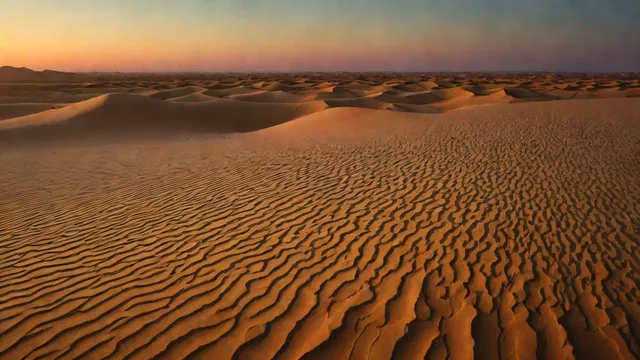 Desert landscape in twilight with layered strata and golden light