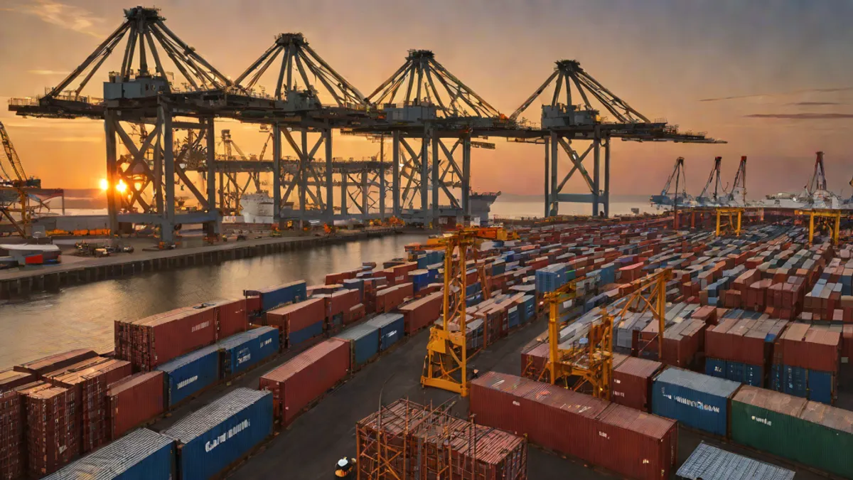 Vista panorámica de un puerto comercial con barco de carga, tren de mercancías y camiones en una terminal logística.