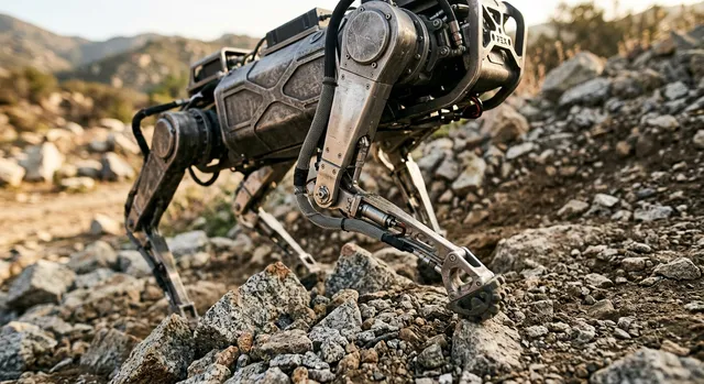 Robot cuadrúpedo autónomo realizando pruebas de estabilidad en un terreno de obstáculos rocosos.