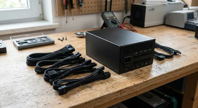 Fuente de alimentación modular para PC con sus cables desprendibles organizados sobre una mesa de trabajo.