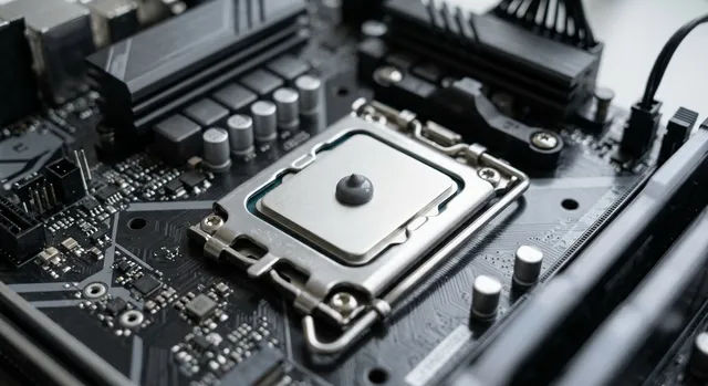 Aplicación de una gota de pasta térmica sobre la superficie metálica del procesador en una placa base.