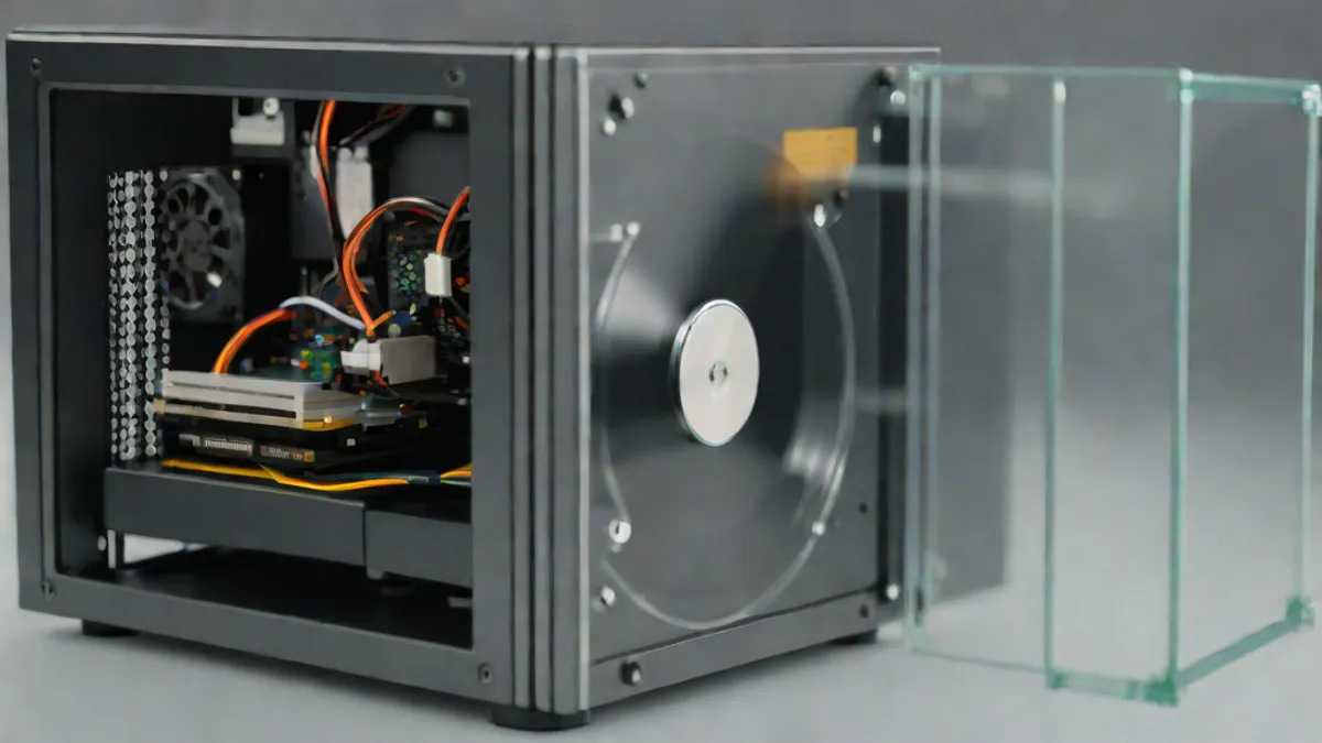 Desktop PC with a spinning HDD showing mechanical parts