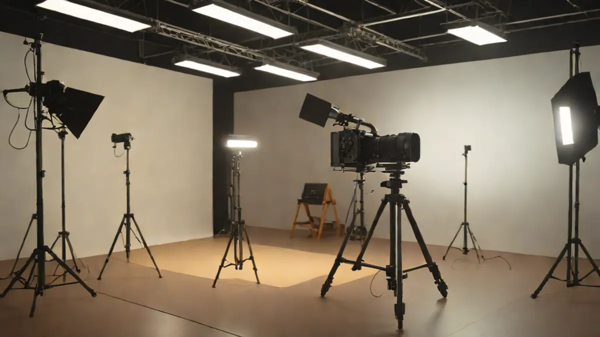 Plató de producción audiovisual con cámaras, focos de iluminación y fondos para rodaje de campañas.