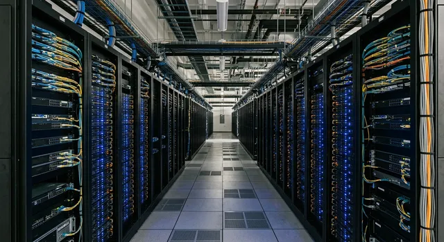 Filas de servidores de procesamiento de datos en un centro de datos para entrenamiento de inteligencia artificial.