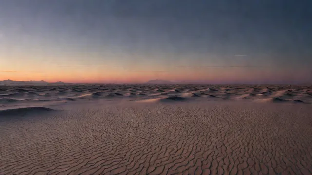 Desert at twilight with abstract sand patterns and hazy horizon