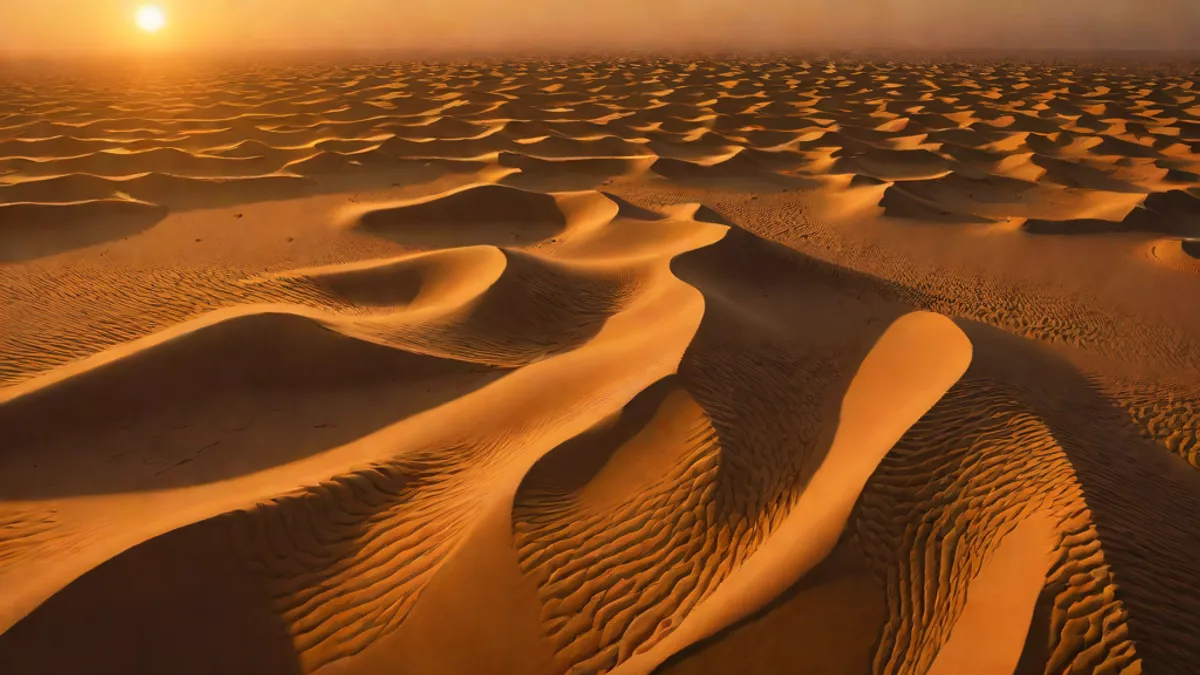 Desert landscape with abstract wave patterns in golden light