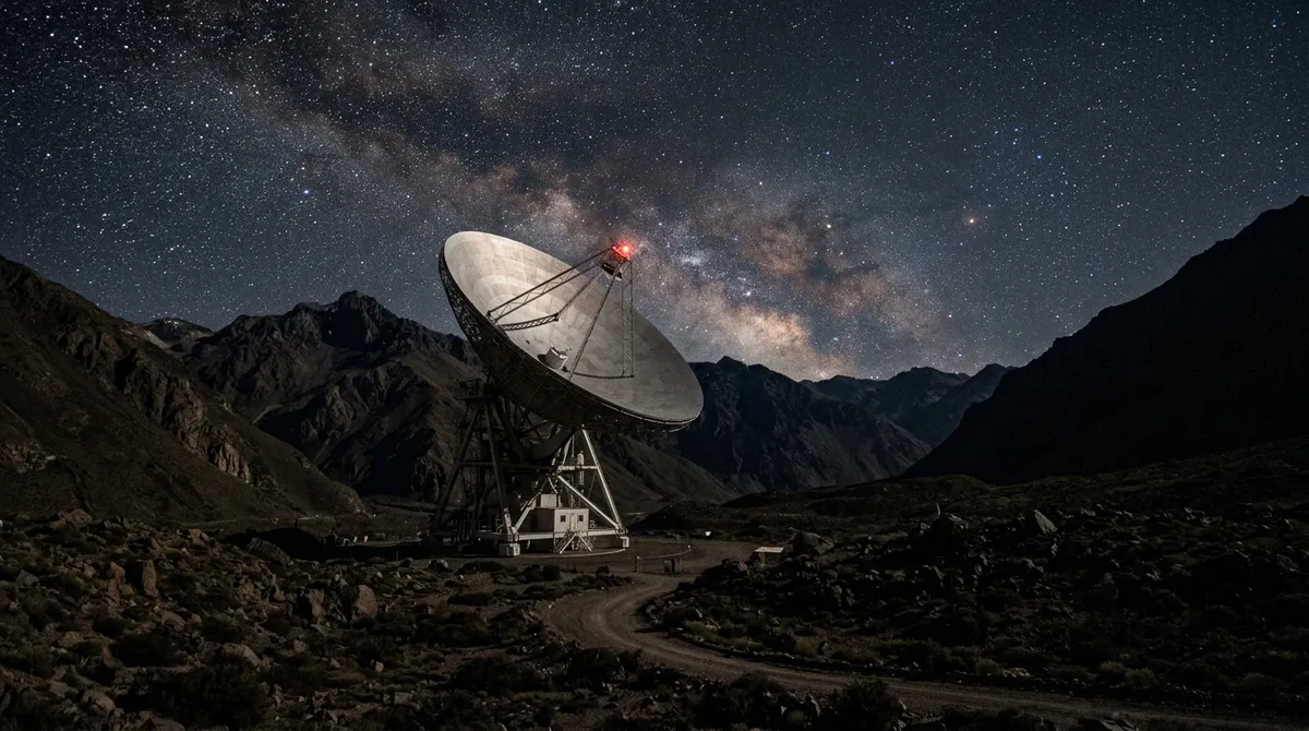 Gran radiotelescopio apuntando al cielo nocturno estrellado para detectar señales extraterrestres.